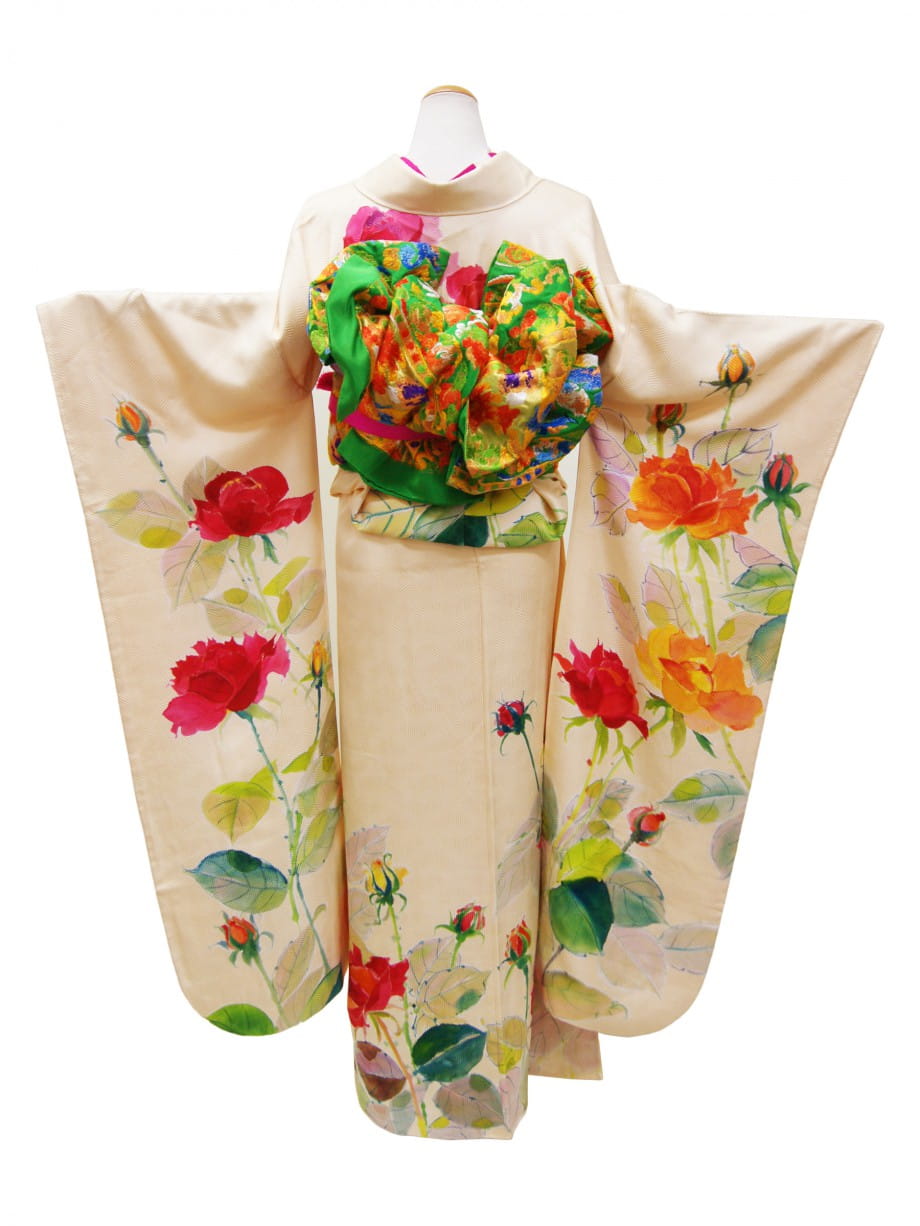 【振袖レンタル】成人式 | クリームイエローに大胆な手描き薔薇の中振袖