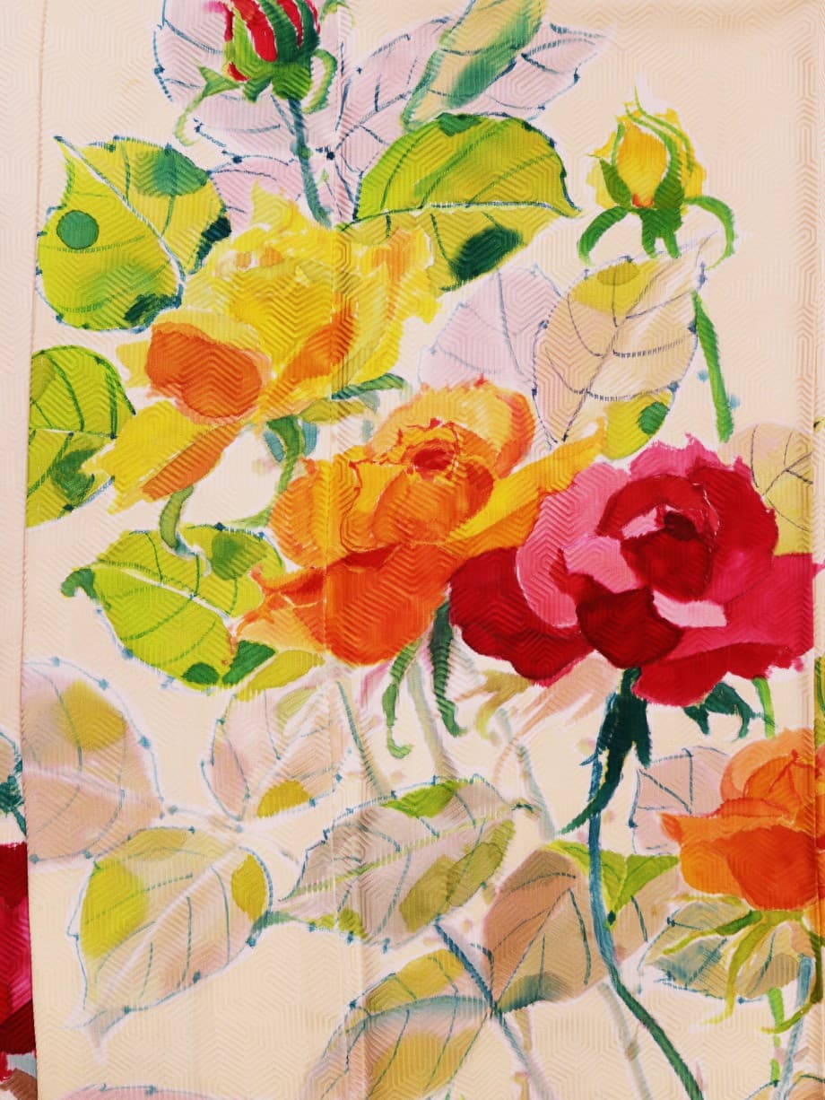 【振袖レンタル】成人式 | クリームイエローに大胆な手描き薔薇の中振袖