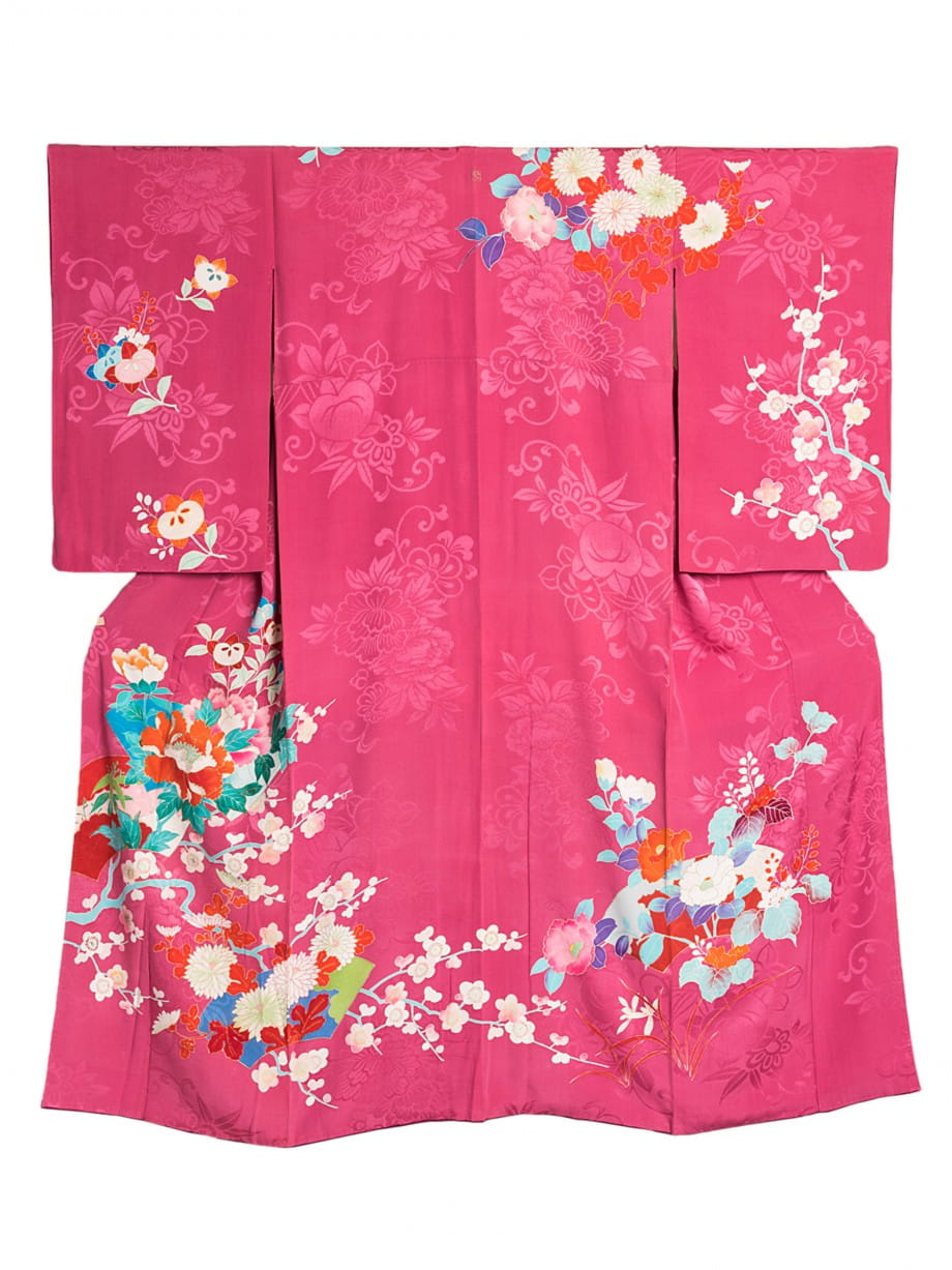 【訪問着レンタル】椿色に梅や菊、牡丹の小振袖