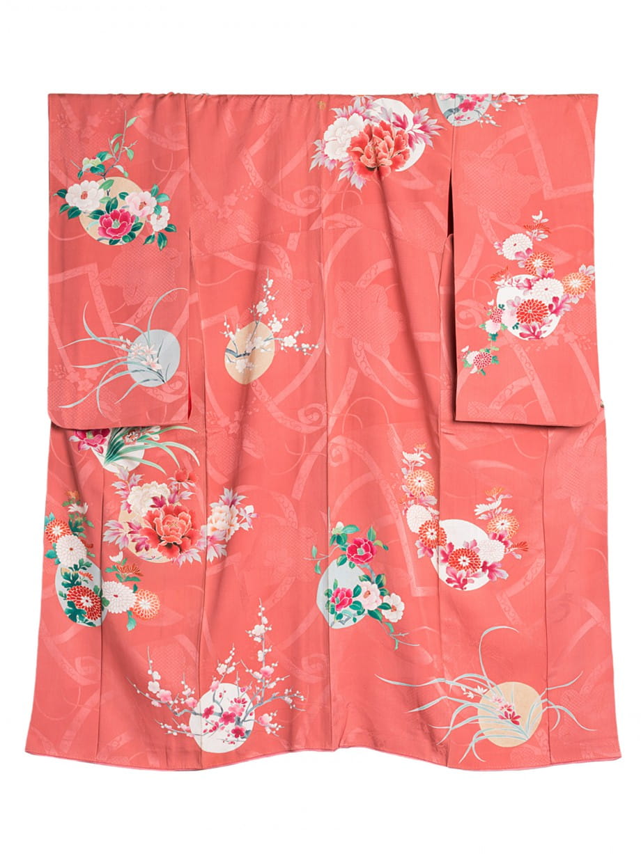 【訪問着レンタル】薄紅色に水仙、牡丹、菊の花丸紋の小振袖