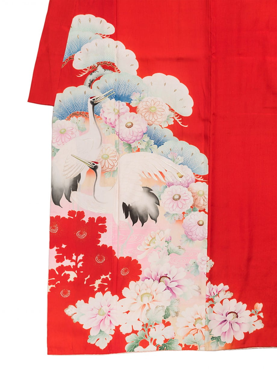 【七五三着物レンタル】赤地にパステルカラーの鶴、松、菊の七歳祝着
