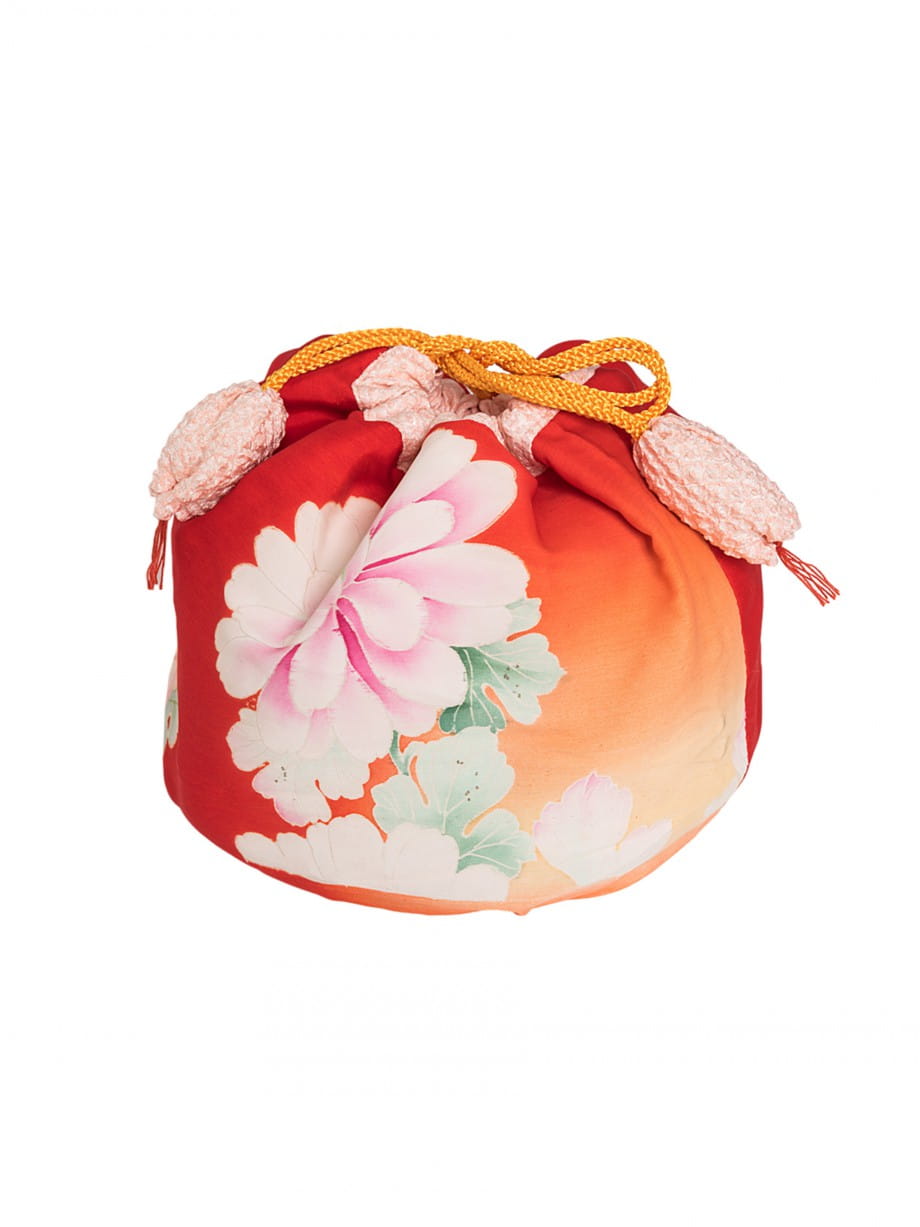 【七五三着物レンタル】赤地にパステルカラーの鶴、松、菊の七歳祝着