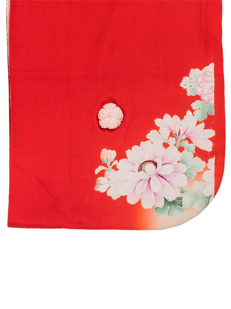 【七五三着物レンタル】赤地にパステルカラーの鶴、松、菊の七歳祝着