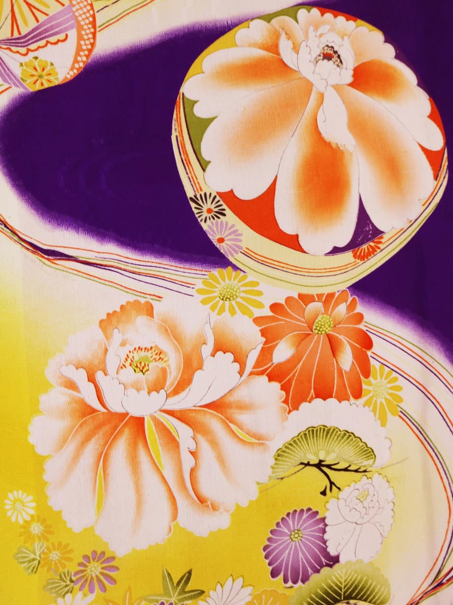 【七五三着物レンタル】カナリヤ色とインディゴブルーの水紋に鞠と折鶴の七歳祝着