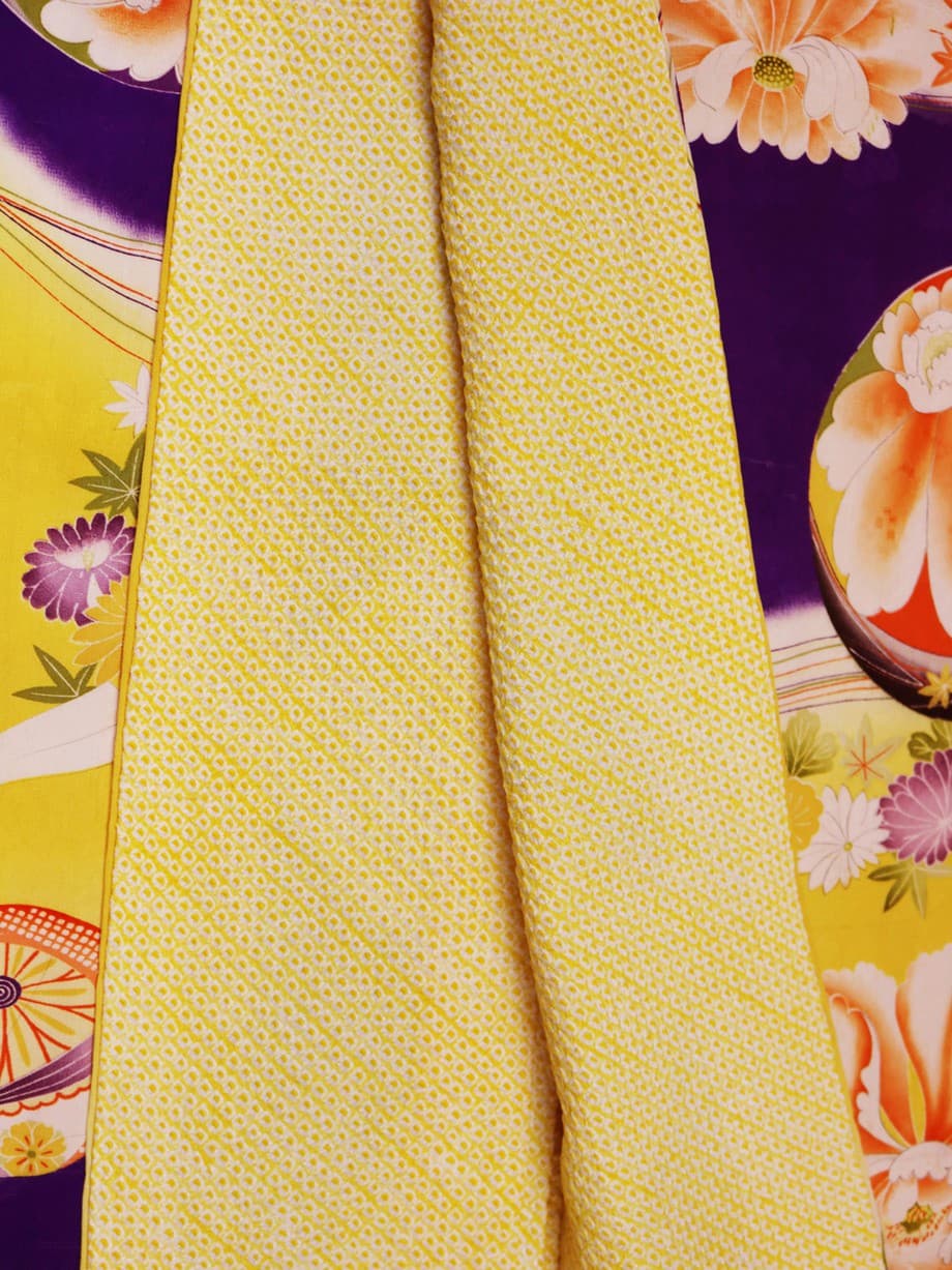 【七五三着物レンタル】カナリヤ色とインディゴブルーの水紋に鞠と折鶴の七歳祝着