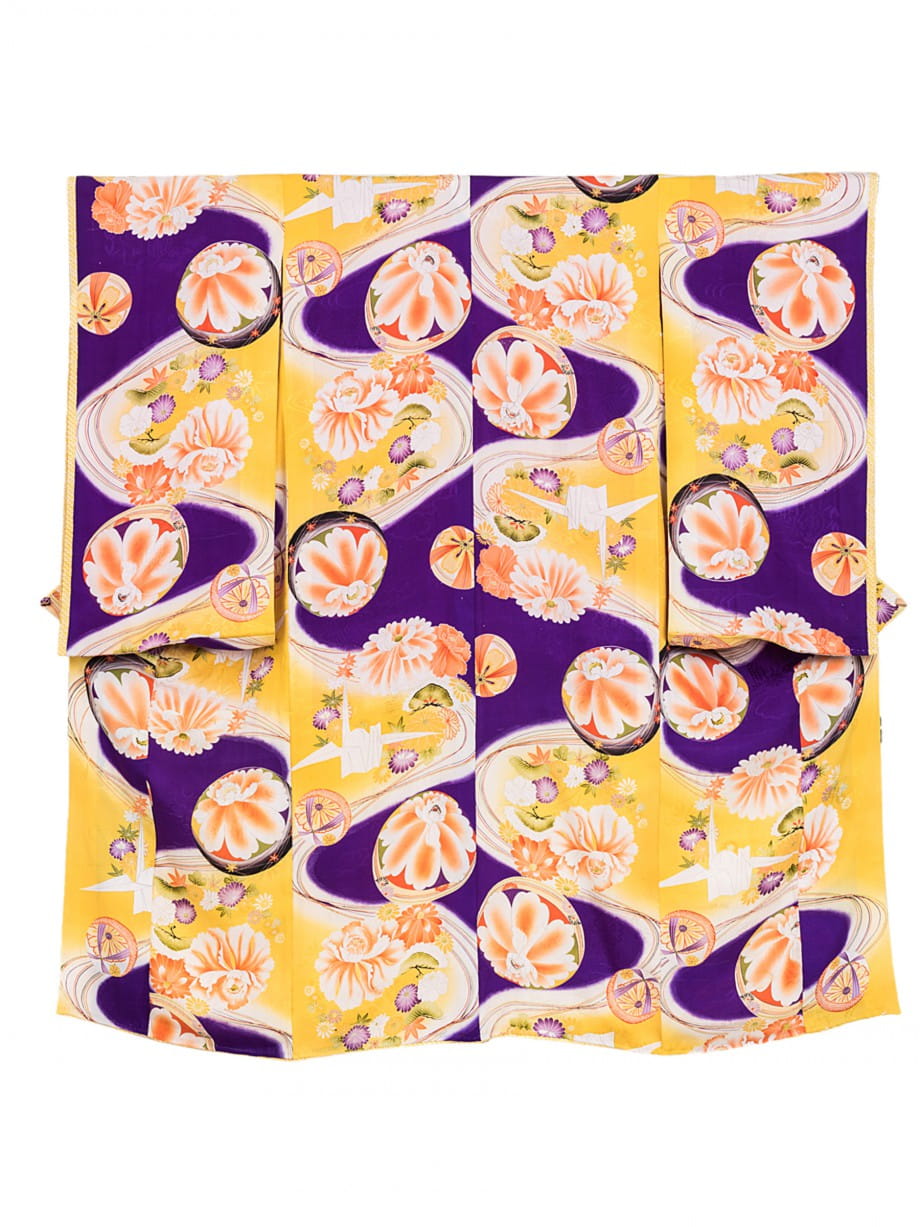 【七五三着物レンタル】カナリヤ色とインディゴブルーの水紋に鞠と折鶴の七歳祝着