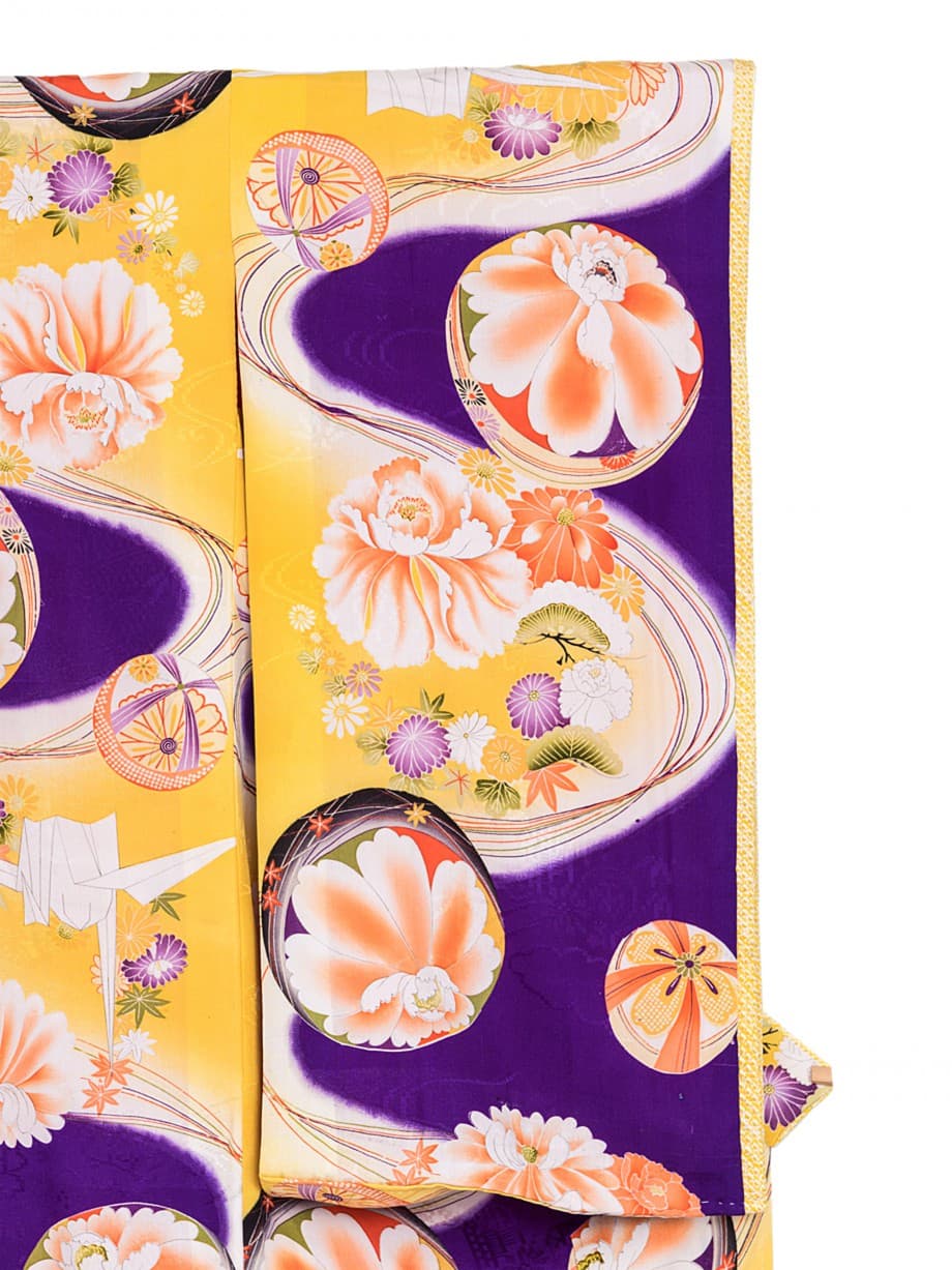 【七五三着物レンタル】カナリヤ色とインディゴブルーの水紋に鞠と折鶴の七歳祝着