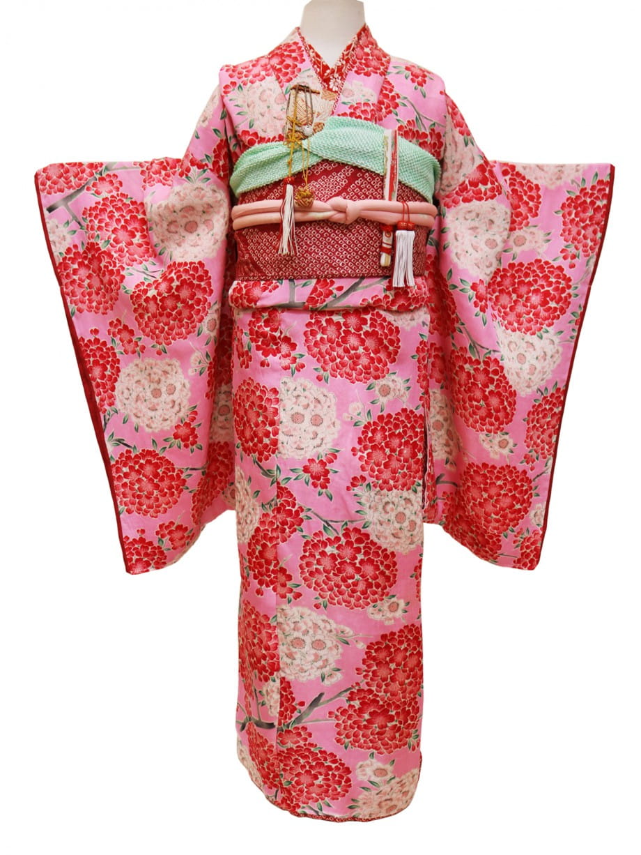 【七五三着物レンタル】ピンク色に赤や白の花咲く七歳祝着