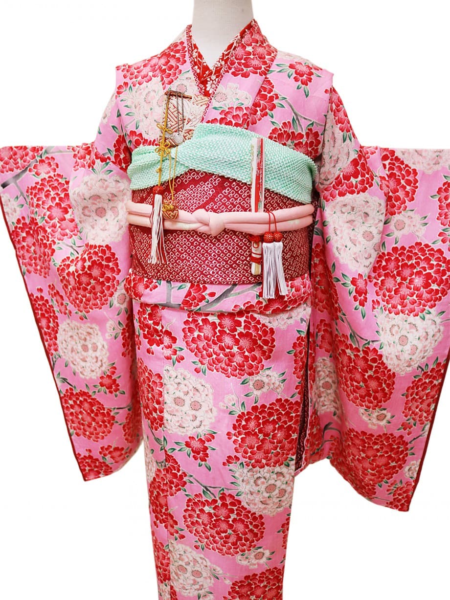 【七五三着物レンタル】ピンク色に赤や白の花咲く七歳祝着