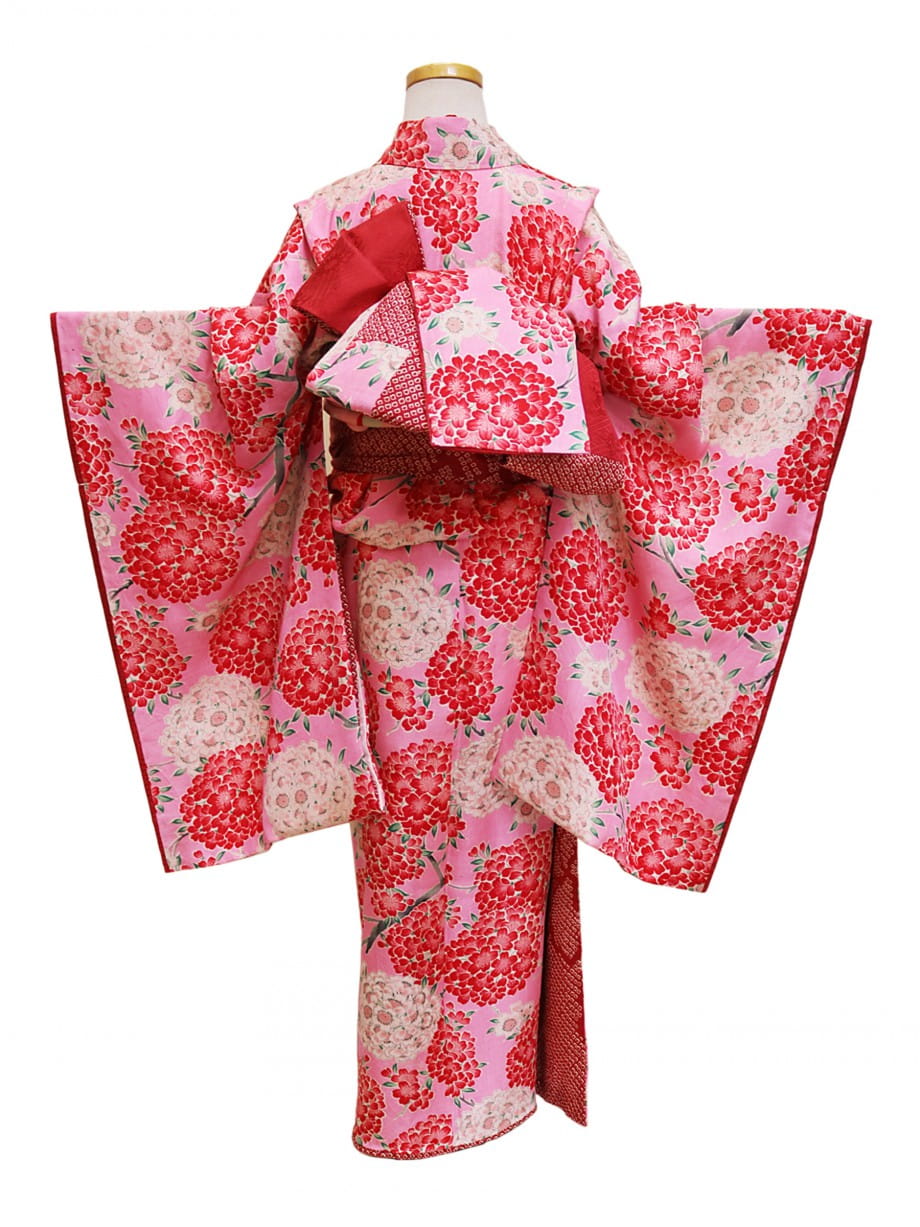 【七五三着物レンタル】ピンク色に赤や白の花咲く七歳祝着