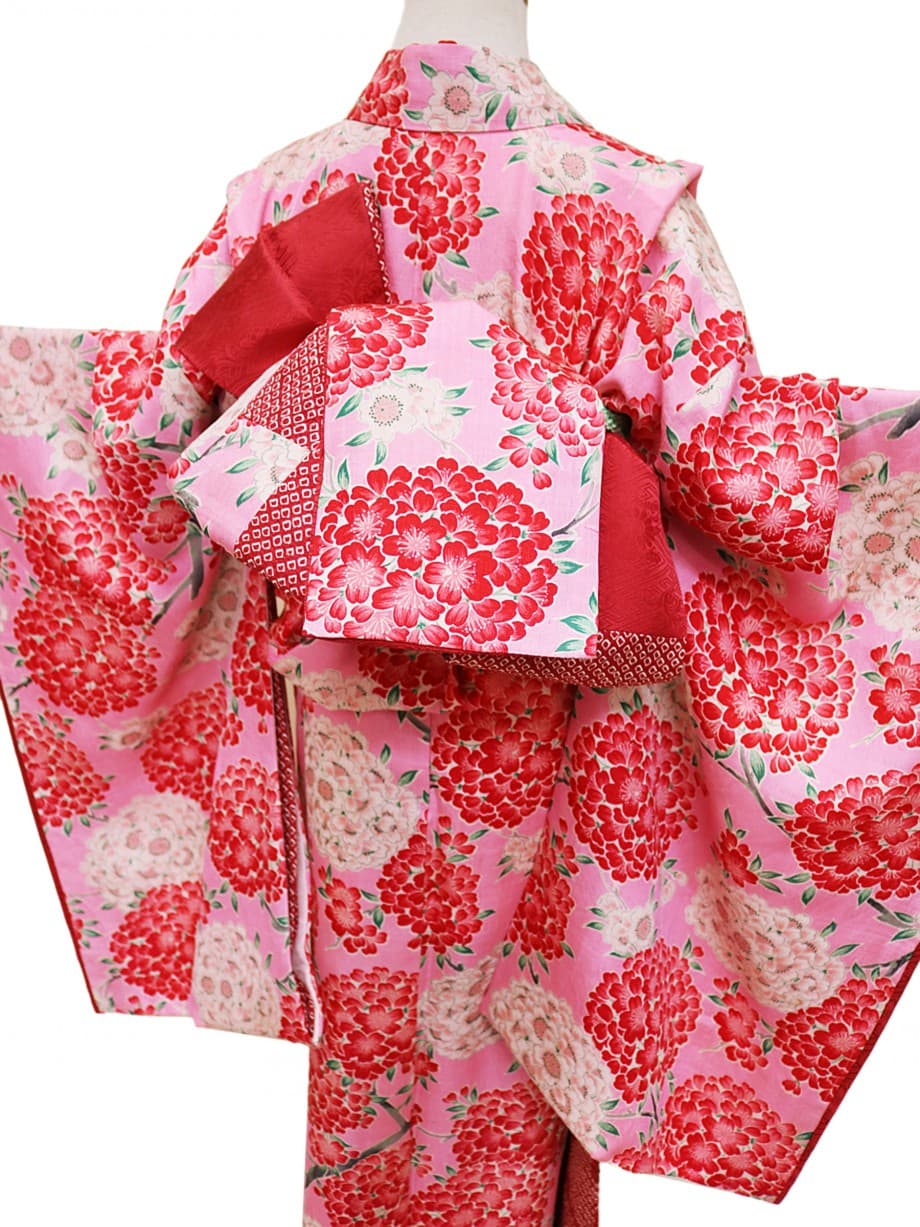 【七五三着物レンタル】ピンク色に赤や白の花咲く七歳祝着