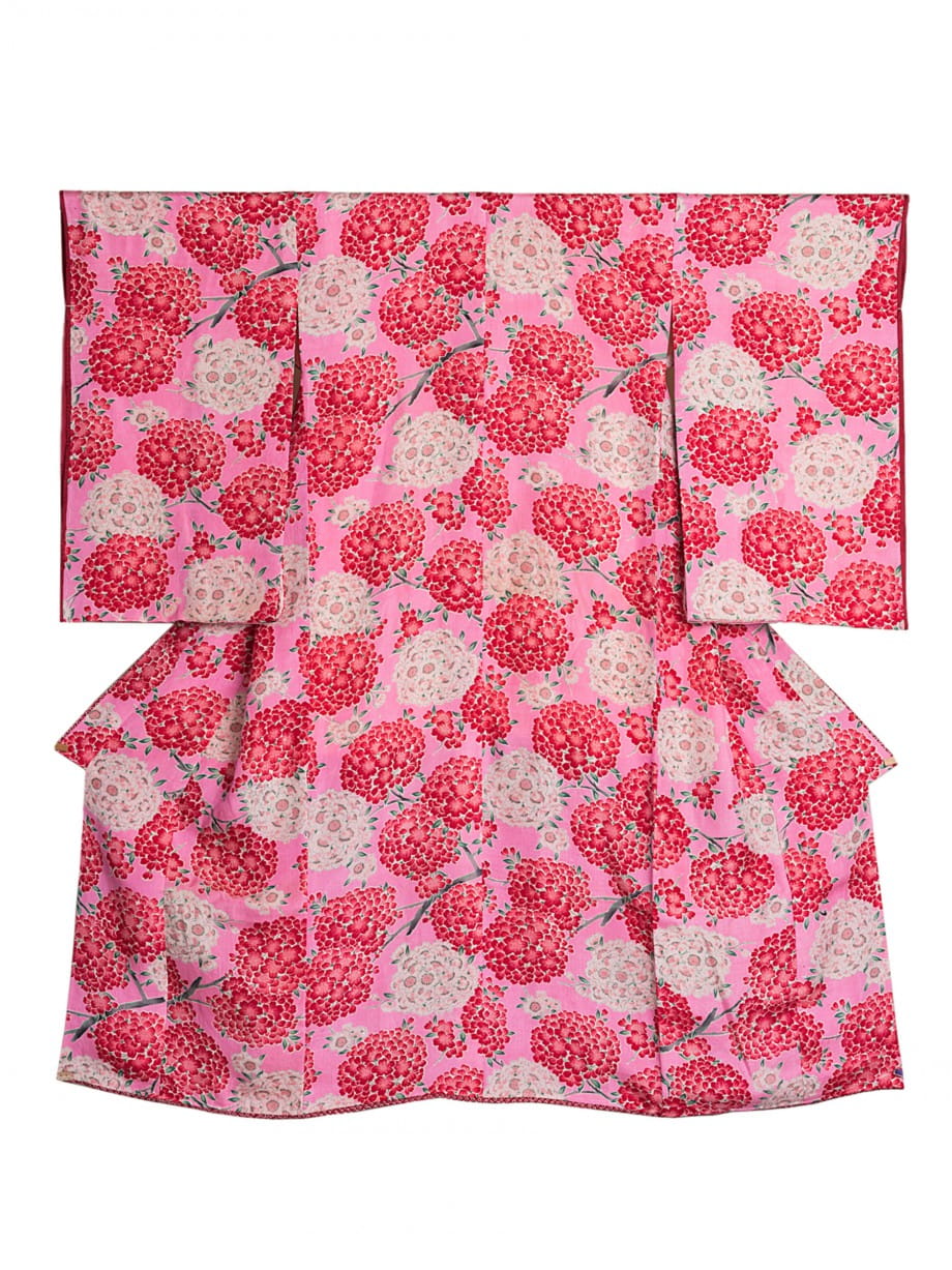 【七五三着物レンタル】ピンク色に赤や白の花咲く七歳祝着
