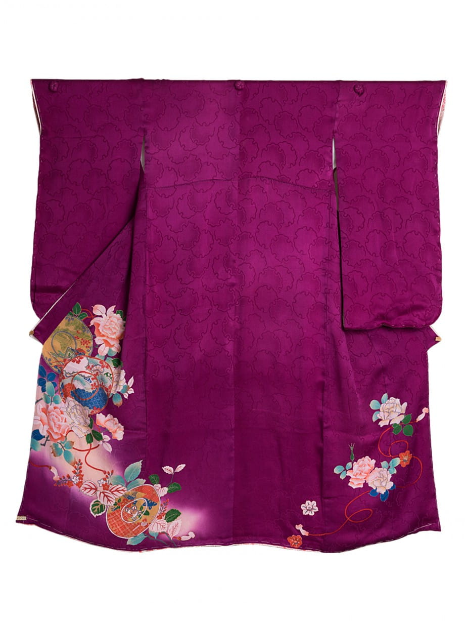 【七五三着物レンタル】ダリアパープルに牡丹と鼓の七歳祝着