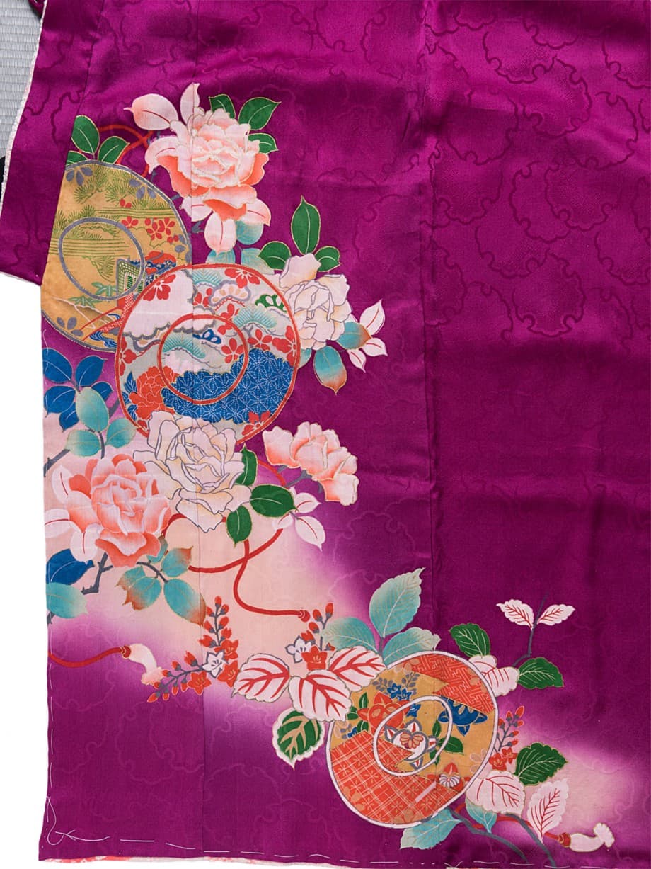 【七五三着物レンタル】ダリアパープルに牡丹と鼓の七歳祝着