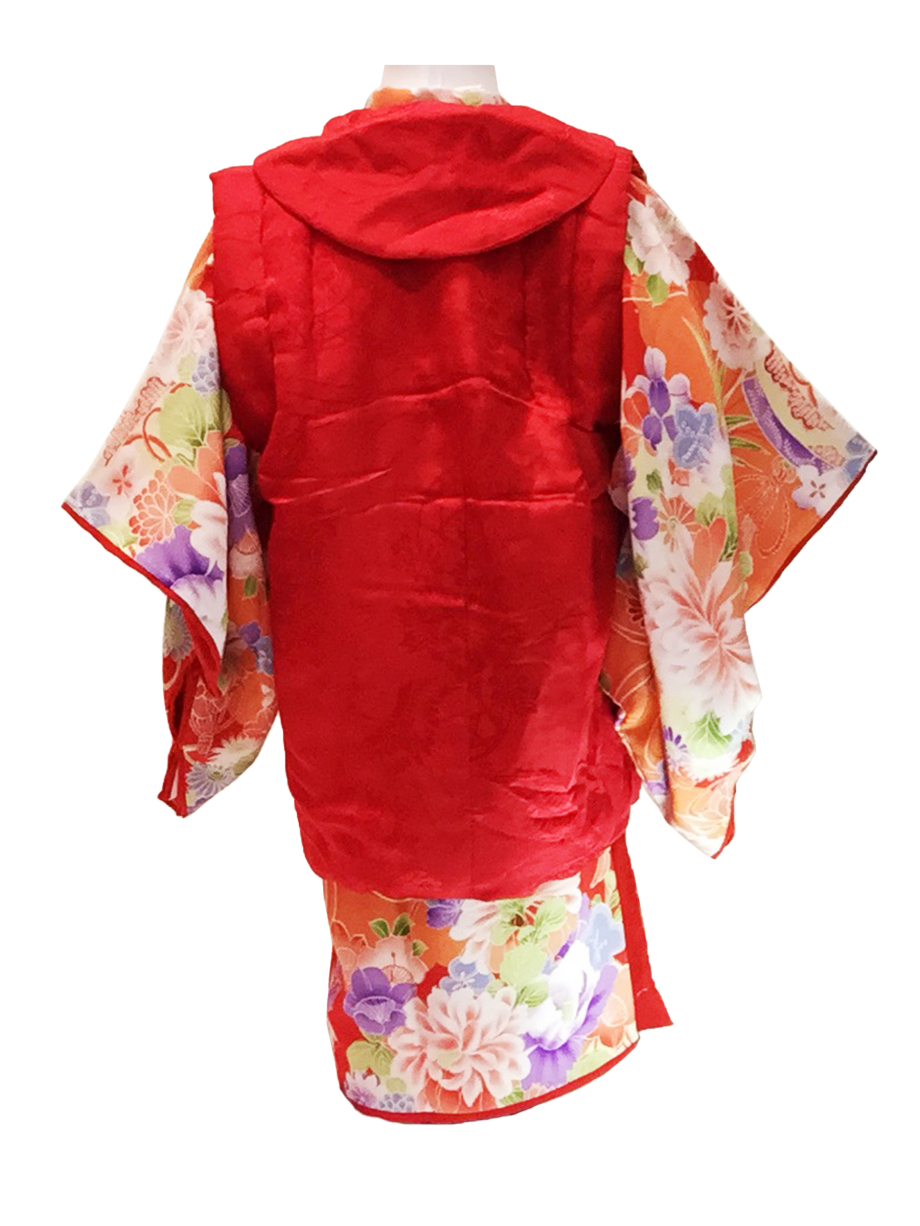 【七五三着物レンタル】深緋色にオレンジの雲取、四季の花薬玉の三歳祝着