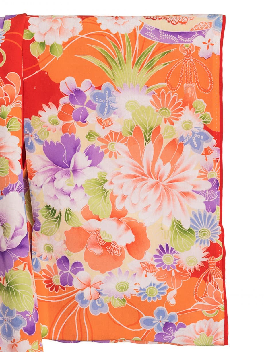 【七五三着物レンタル】深緋色にオレンジの雲取、四季の花薬玉の三歳祝着