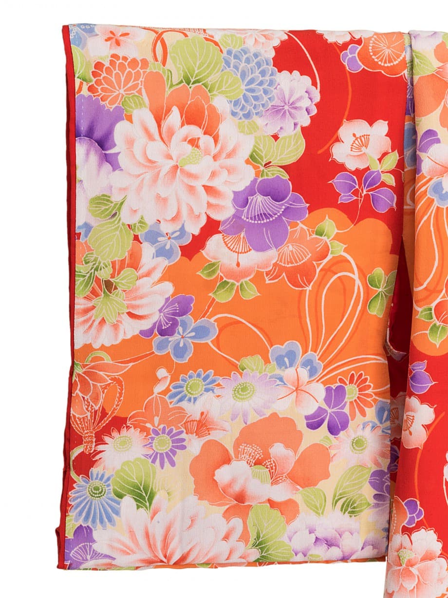 【七五三着物レンタル】深緋色にオレンジの雲取、四季の花薬玉の三歳祝着