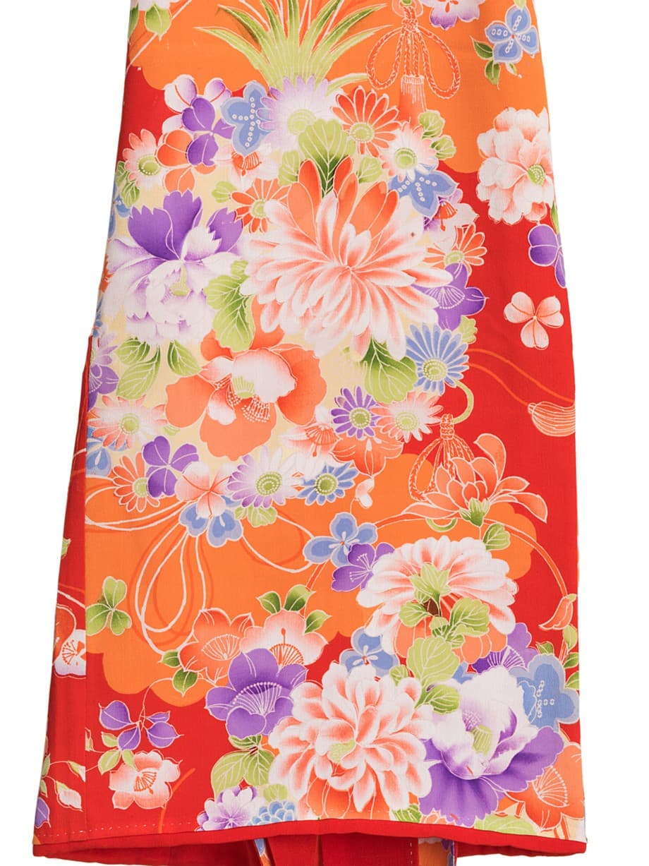 【七五三着物レンタル】深緋色にオレンジの雲取、四季の花薬玉の三歳祝着