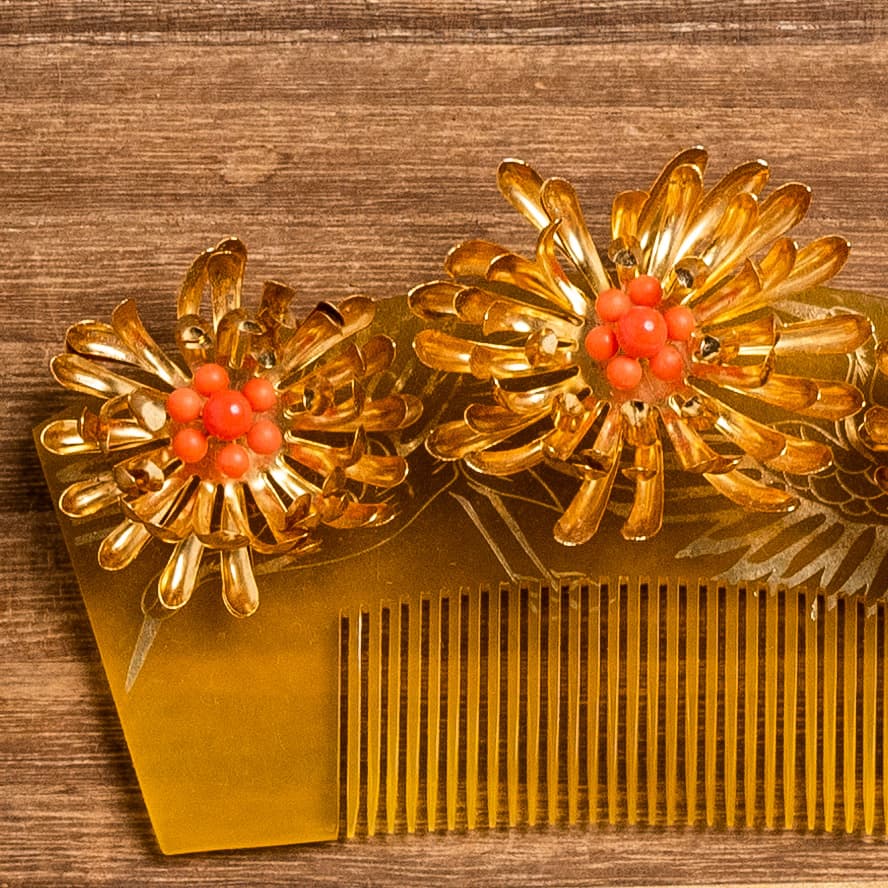 金色の菊・竹・梅・折り鶴に珊瑚調の玉の花嫁かんざし
